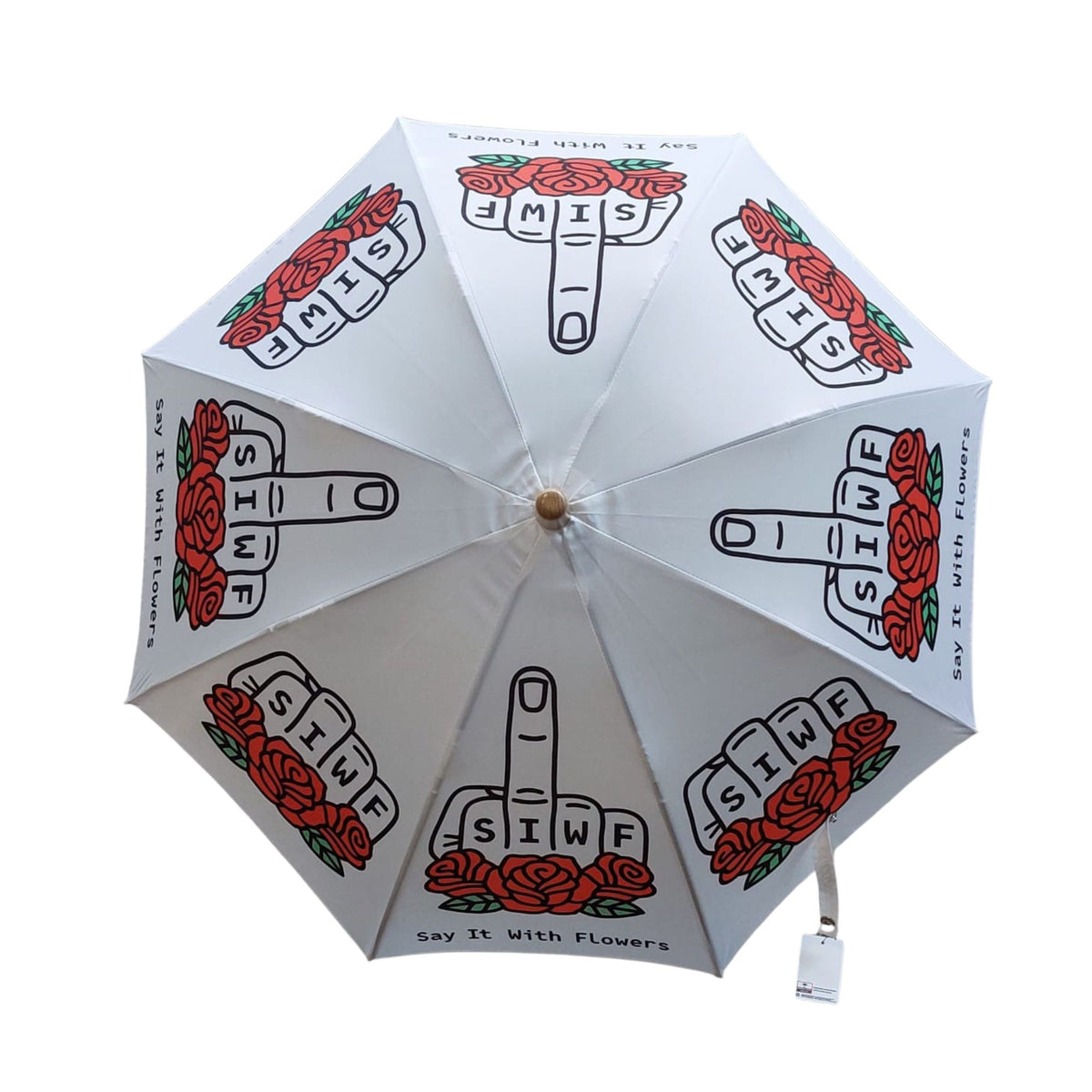 SIWF kids' white umbrella printed with a raised middle finger and red roses