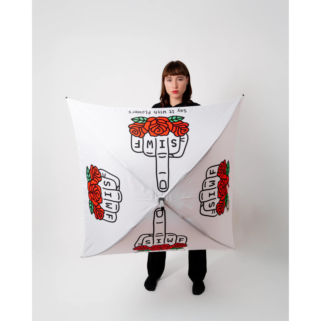 SIWF square white umbrella printed with a raised middle finger and red roses