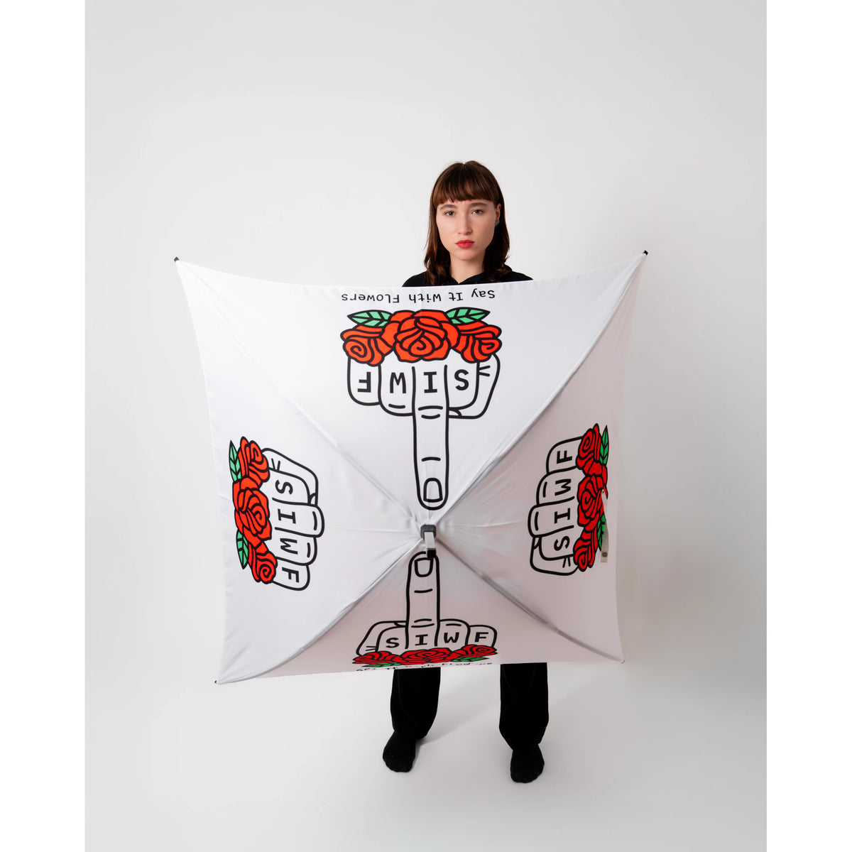 SIWF square white umbrella printed with a raised middle finger and red roses