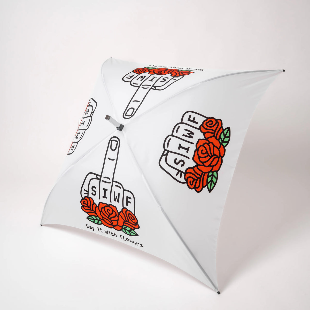 SIWF square white umbrella printed with a raised middle finger and red roses