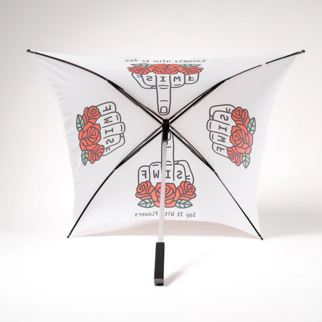SIWF square white umbrella printed with a raised middle finger and red roses