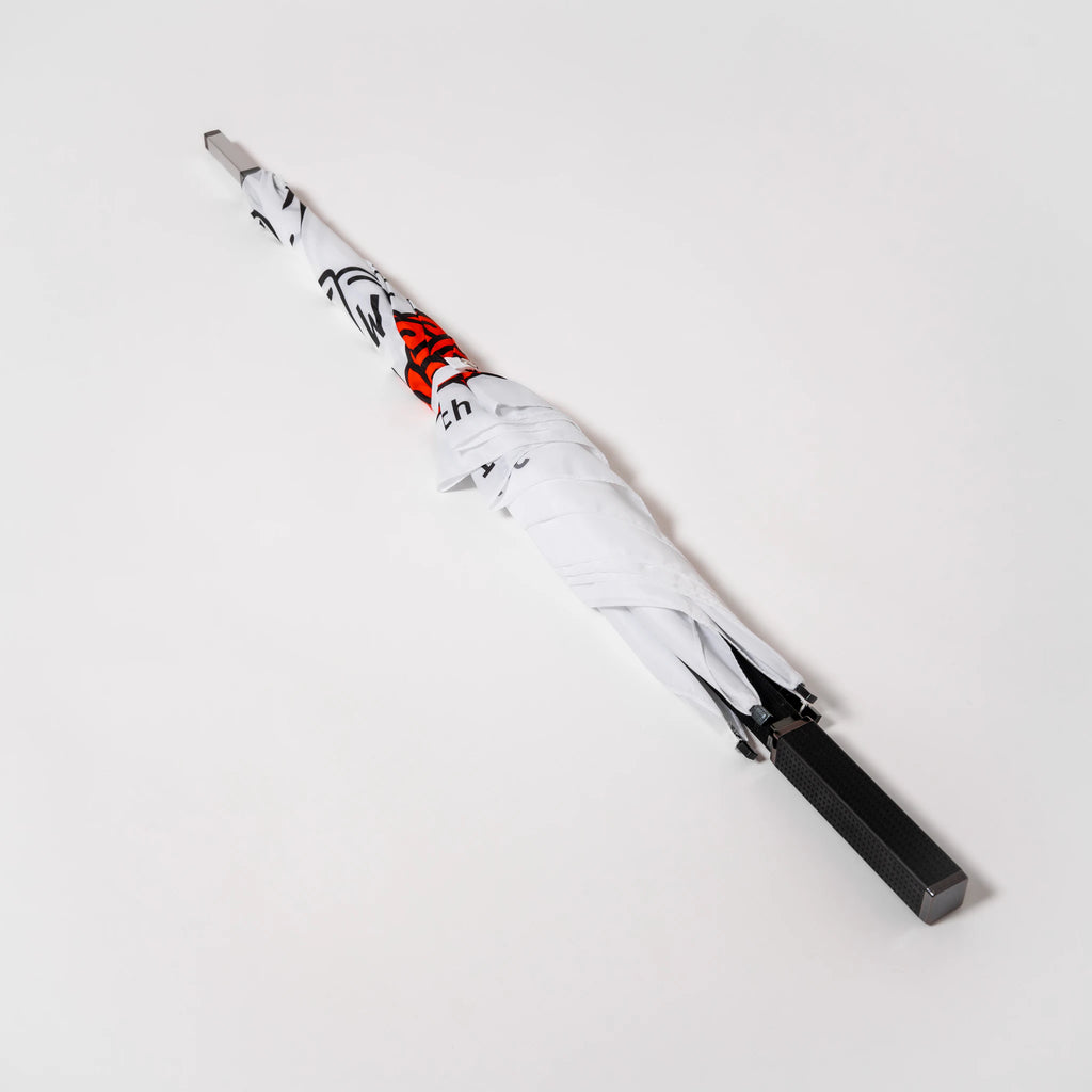 SIWF square white umbrella printed with a raised middle finger and red roses