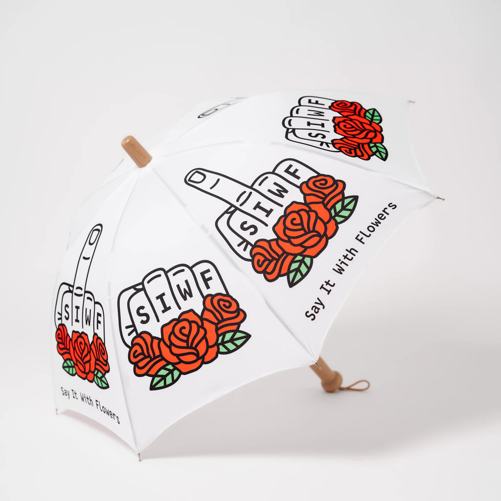 SIWF kids' white umbrella printed with a raised middle finger and red roses