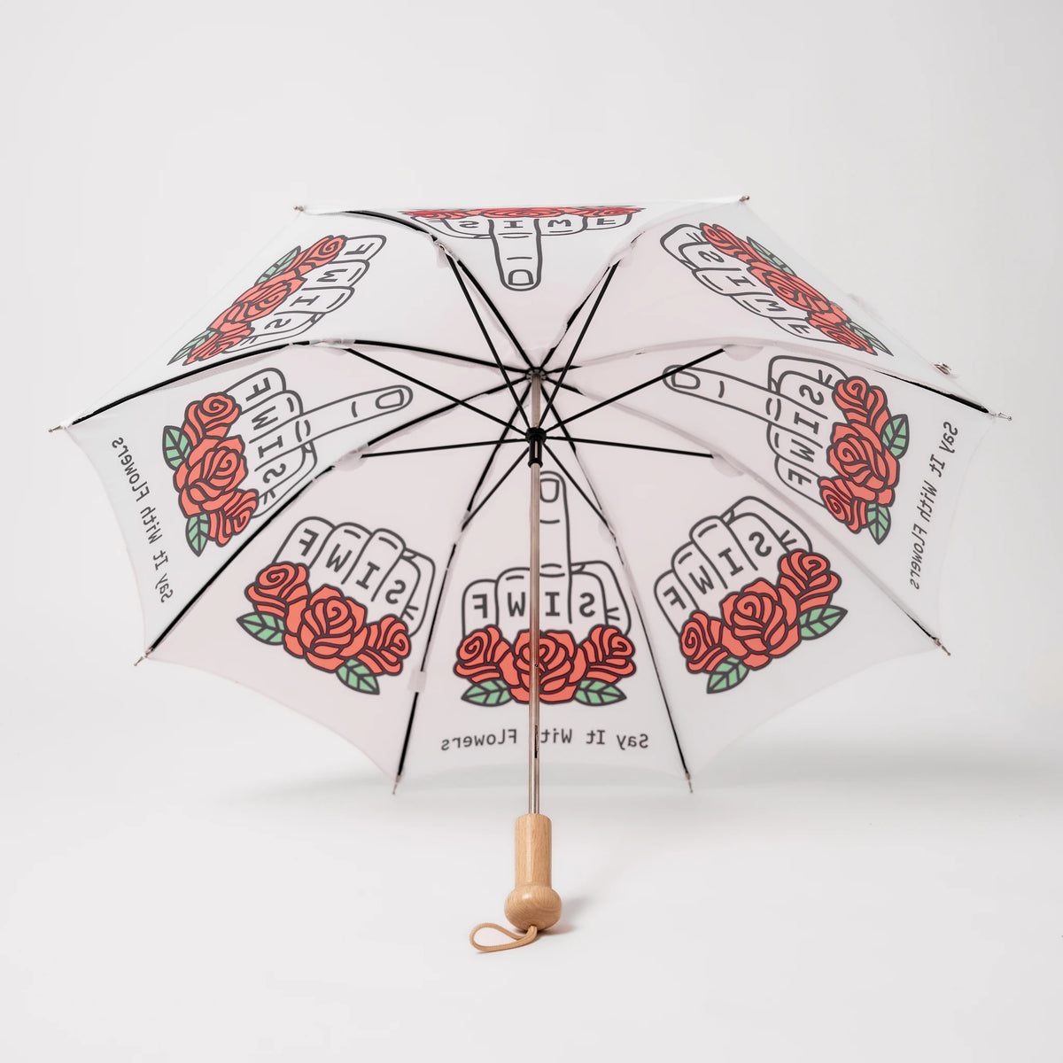 SIWF kids' white umbrella printed with a raised middle finger and red roses
