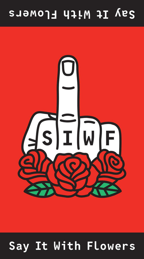 SIWF red beach towel with a raised middle finger and roses emblem