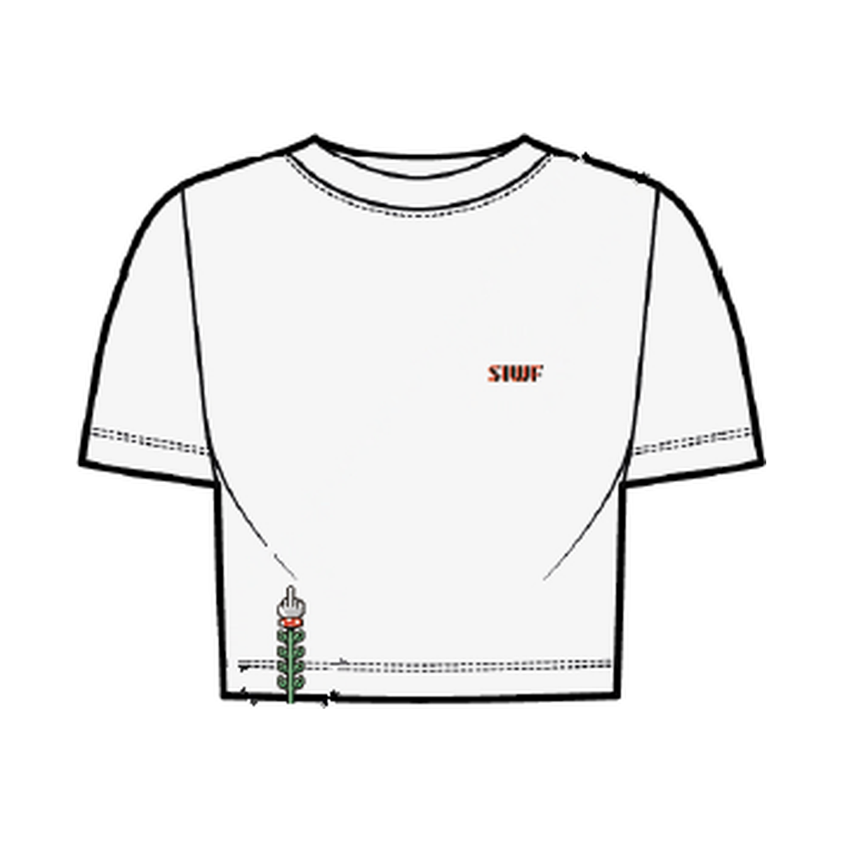 SIWF Unisex 8-Bit T-Shirt in white, front view, design sketch