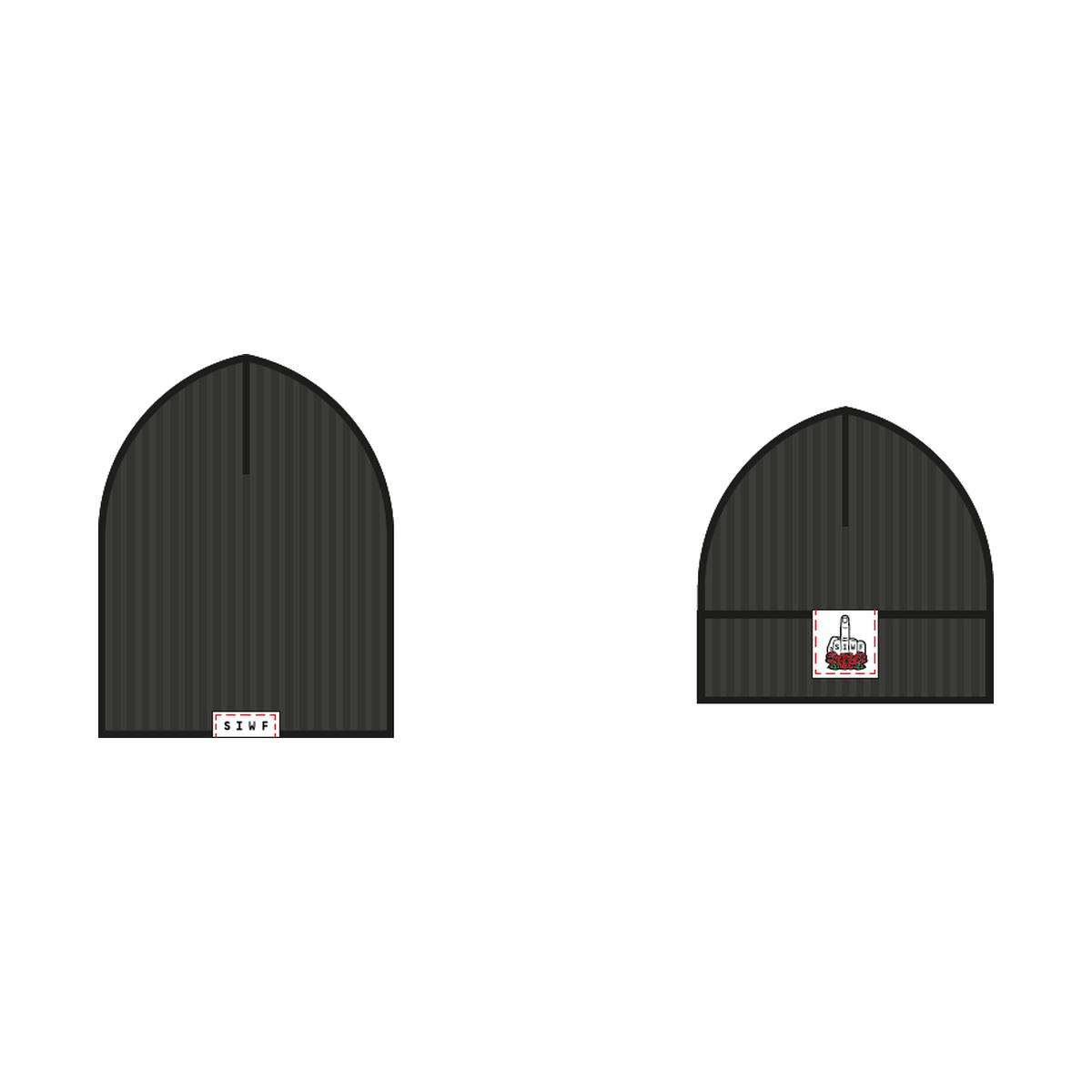SIWF Unisex 2-Way Beanie in black, worn long and with folded cuff, design sketch