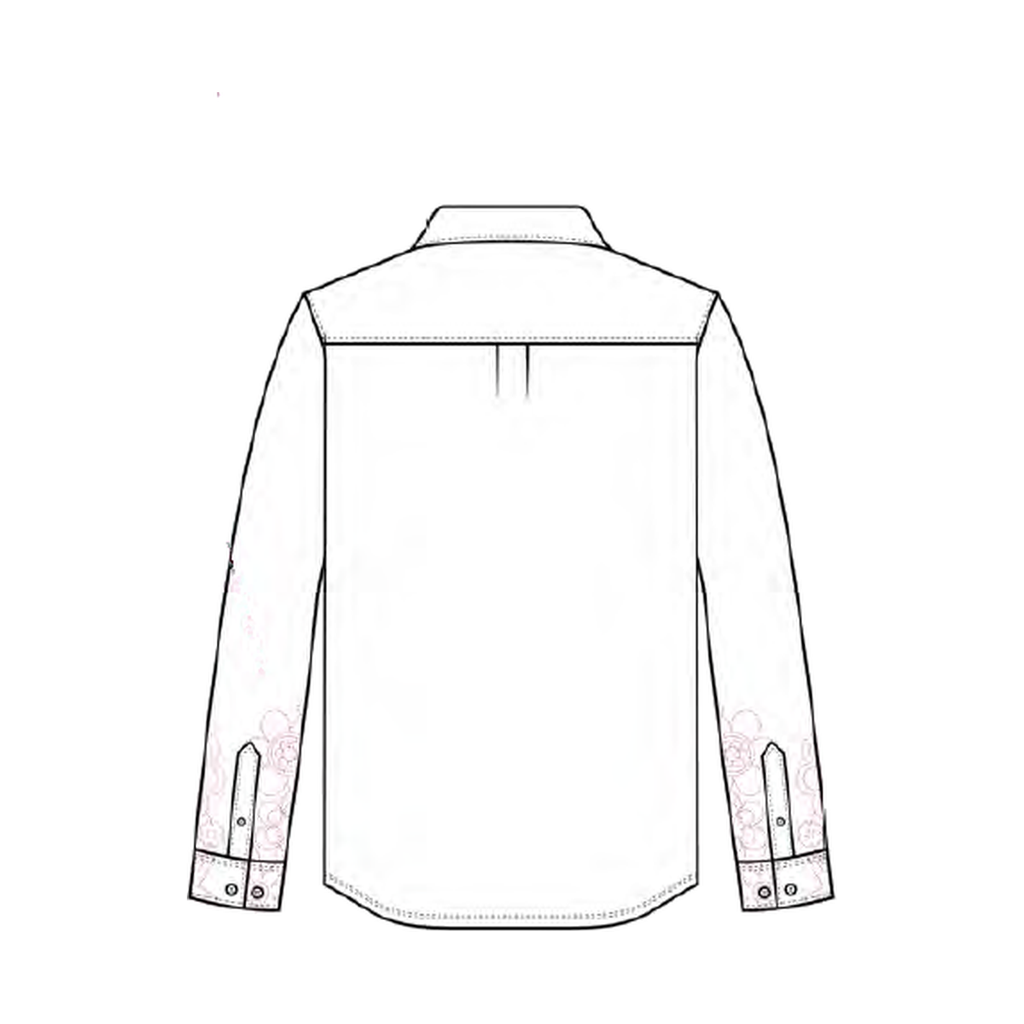 SIWF Men's Embroidered-Sleeve Shirt in white, back view, design sketch