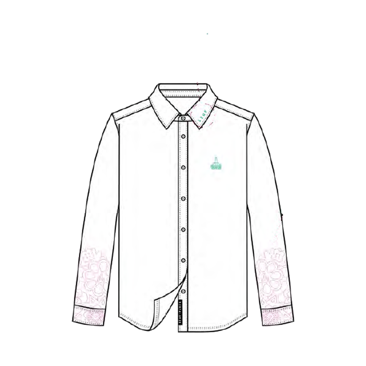 SIWF Men's Embroidered-Sleeve Shirt in white, front view, design sketch