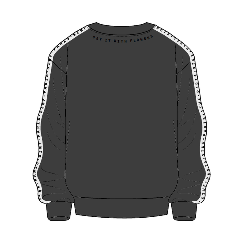 SIWF Women's Printed-Sleeve Sweater in black, back view, design sketch