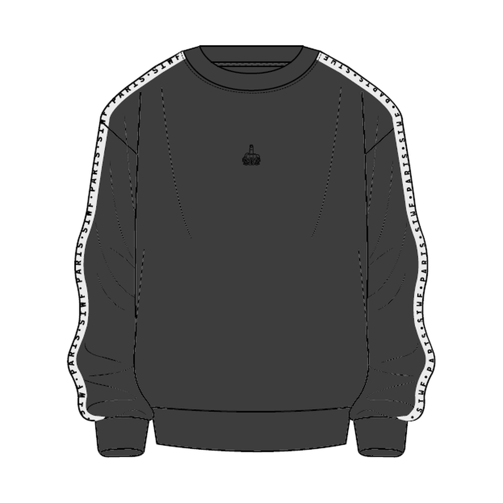 SIWF Women's Printed-Sleeve Sweater in black, front view, design sketch