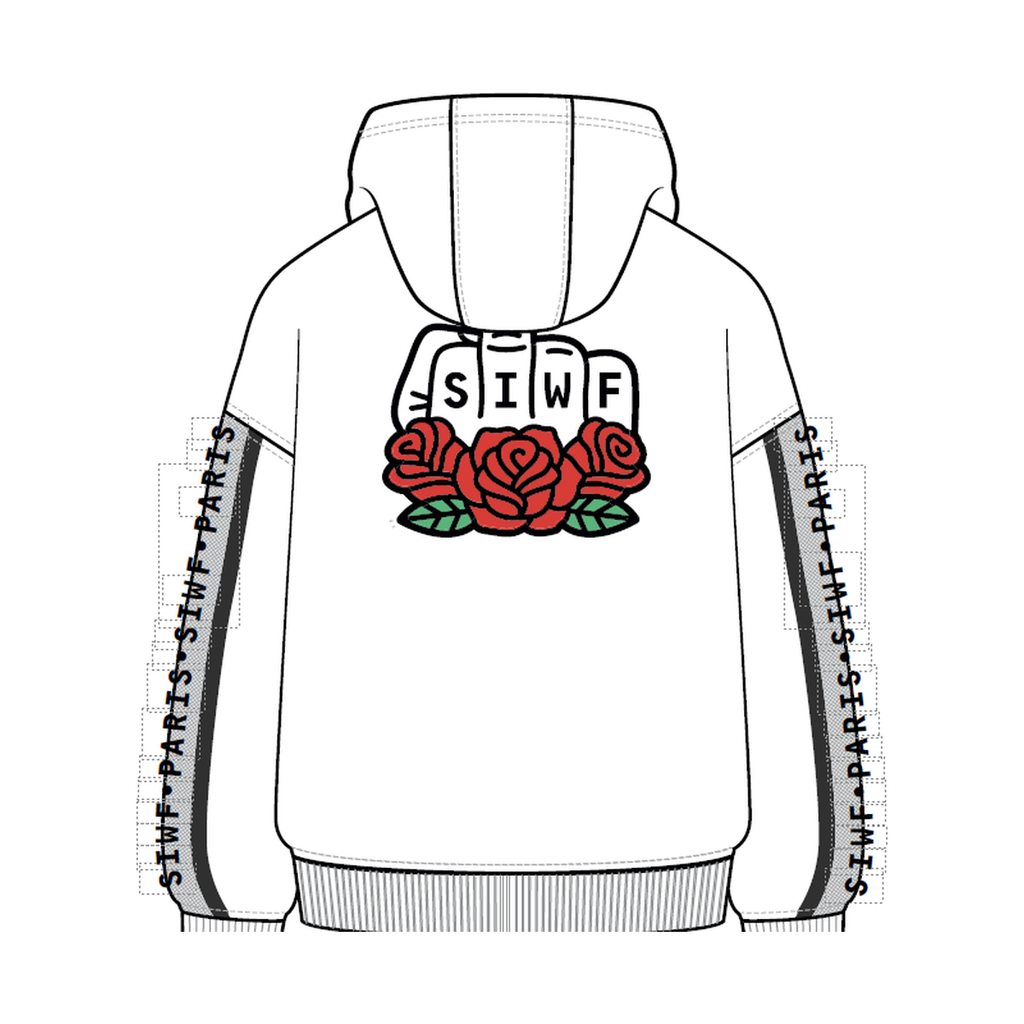 SIWF Unisex Revealed Hoodie in white, back view, design sketch