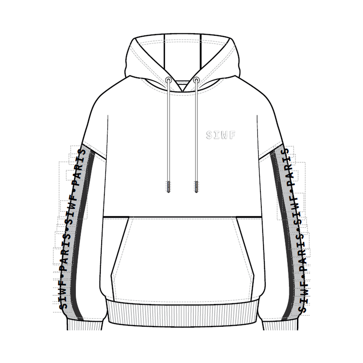 SIWF Unisex Revealed Hoodie in white, front view, design sketch