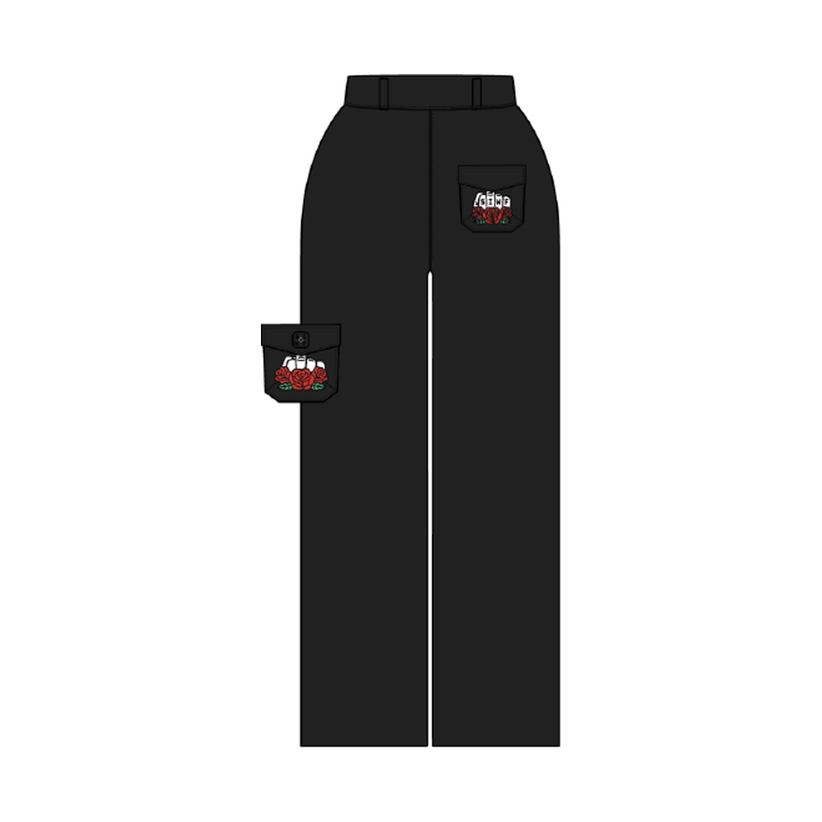SIWF Women's Wide-Leg Pants in black, back view, design sketch