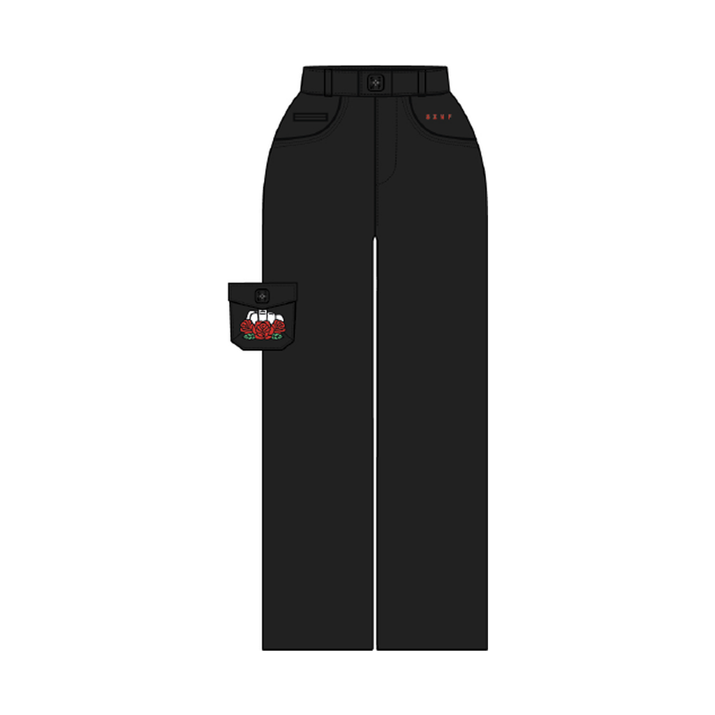SIWF Women's Wide-Leg Pants in black, front view, design sketch