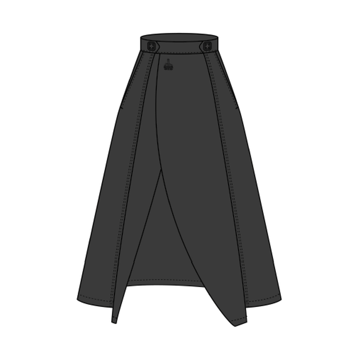 SIWF Women's Long Wrap Dress in black, front view, design sketch